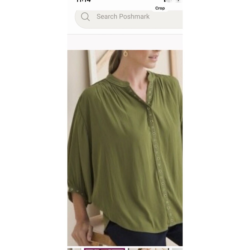 Chicos Womens Olive Green Gold Ring Trim 3/4 Sleeve Relaxed Fit Top Size 0 Small